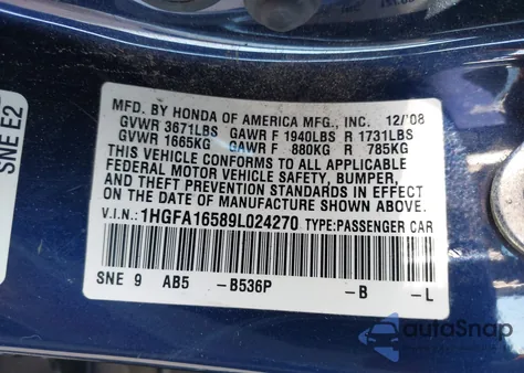 2009 Honda Civic Lx z USA, uszkodzony, nr VIN 1HGFA16589L024270